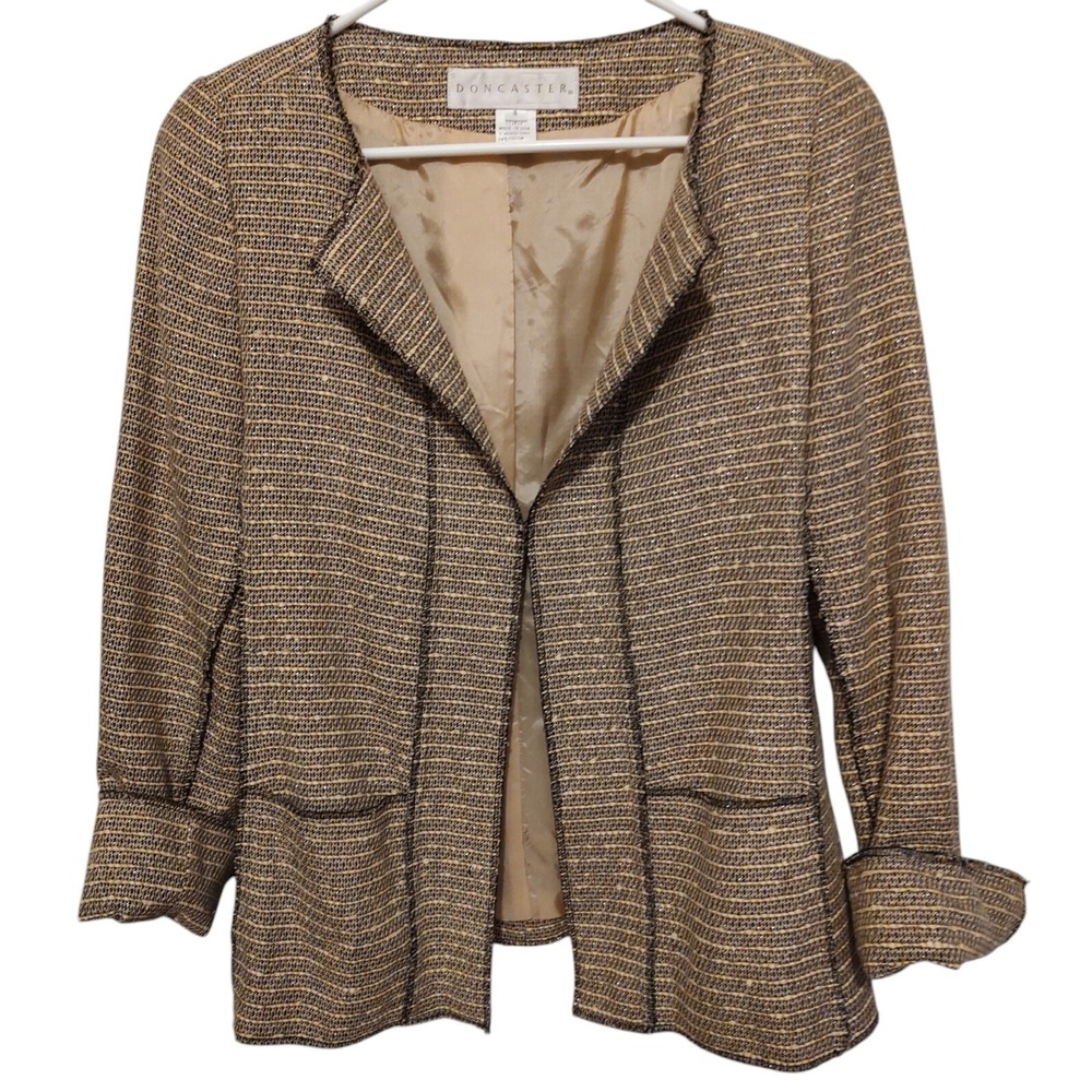 Doncaster Lined Blazer Jacket Suit Tan Black Womens Size 8 Cotton and Wool SEE